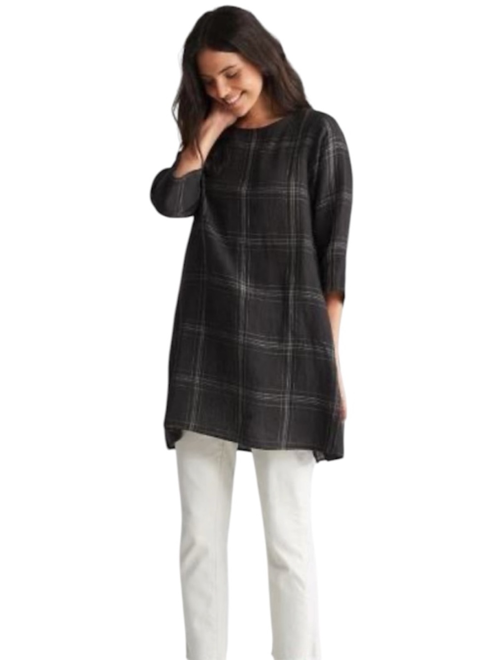 XL Eileen Fisher Black Plaid Organic Linen 3/4 Sleeve Tunic Top
